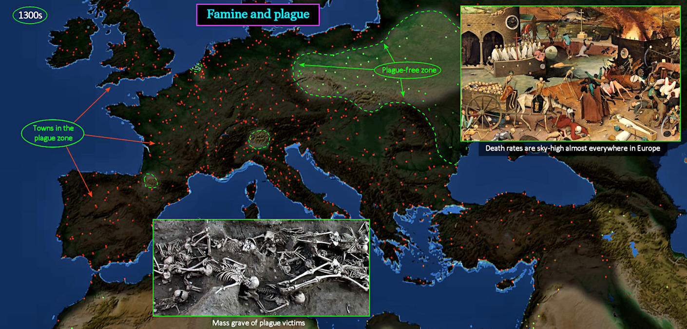 The Black Death,  1300s map